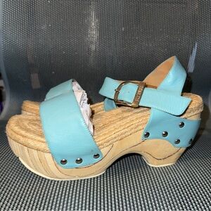John Fluevog Mountain Rushmore Sandals Buckle Clogs Aqua Blue Leather Shoes